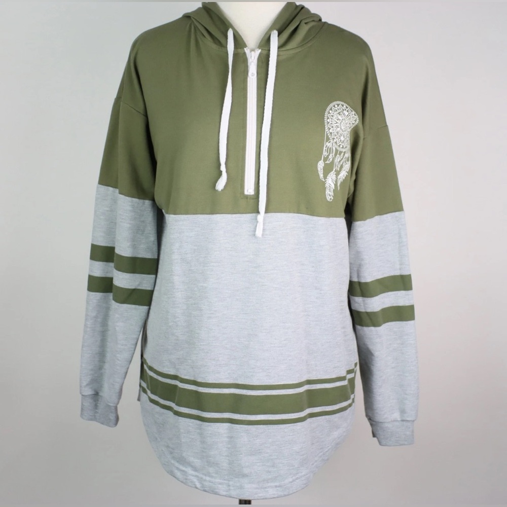 Rue 21 Olive & Gray Daydreamer Dreamcatcher Half Zip-Up Hoodie! Size Medium.